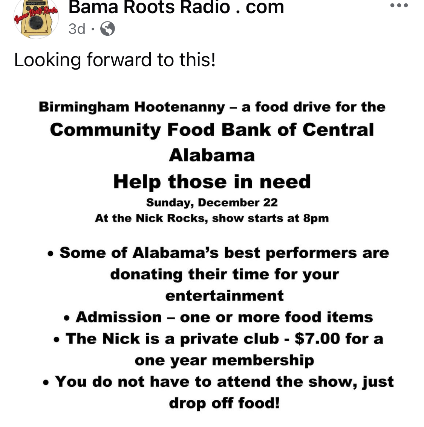 Bama Roots Radio Presents: Birmingham Hootenanny Food Drive at The Nick – Birmingham, AL