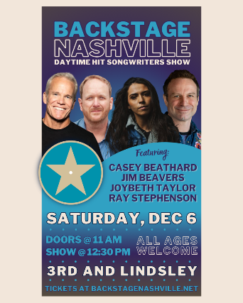 Image of BACKSTAGE NASHVILLE! DAYTIME HIT SONGWRITERS SHOW featuring Casey Beathard , Jim Beavers , Joybeth Taylor & Ray Stephenson Image of BACKSTAGE NASHVILLE! DAYTIME HIT SONGWRITERS SHOW featuring Casey Beathard , Jim Beavers , Joybeth Taylor & Ray Stephenson