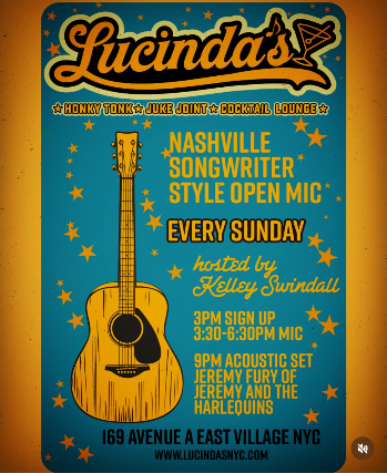 Nashville Songwriter Style Open Mic Hosted by Kelley Swindall with Special 9pm Performance of Jeremy Fury of Jeremy and the Harlequins