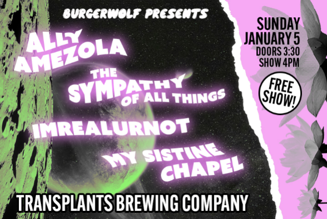 FREE SHOW: Ally Amezola / The Sympathy Of All Things / Imrealurnot / My Sistine Chapel