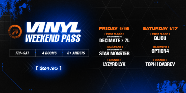 image of Vinyl Weekend Pass 1/16 - 1/17 (4 Rooms, 8+ Artists) image of Vinyl Weekend Pass 1/16 - 1/17 (4 Rooms, 8+ Artists)