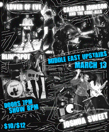 Lover of Eve, Carissa Johnson & The Cure-Alls, blindspot, Joshua Sweet at Middle East – Upstairs – Cambridge, MA