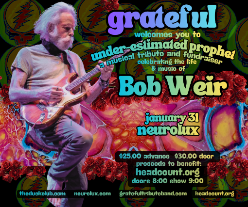 Image of GRATEFUL Under-Estimated Prophet A Musical Tribute & Fundraiser Celebrating the life & music of Bob Weir Image of GRATEFUL Under-Estimated Prophet A Musical Tribute & Fundraiser Celebrating the life & music of Bob Weir