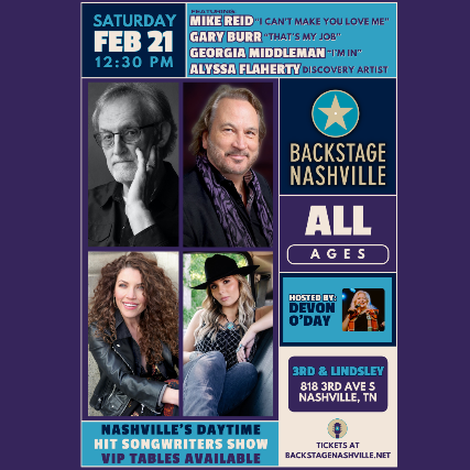 image of BACKSTAGE NASHVILLE! DAYTIME HIT SONGWRITERS SHOW featuring Mike Reid , Gary Burr ,  Georgia Middleman &  Alyssa Flaherty +  Elliott Prather
