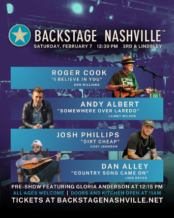image of BACKSTAGE NASHVILLE! DAYTIME HIT SONGWRITERS SHOW featuring Roger Cook , Andy Albert , Josh Phillips & Dan Alley + Gloria Anderson image of BACKSTAGE NASHVILLE! DAYTIME HIT SONGWRITERS SHOW featuring Roger Cook , Andy Albert , Josh Phillips & Dan Alley + Gloria Anderson