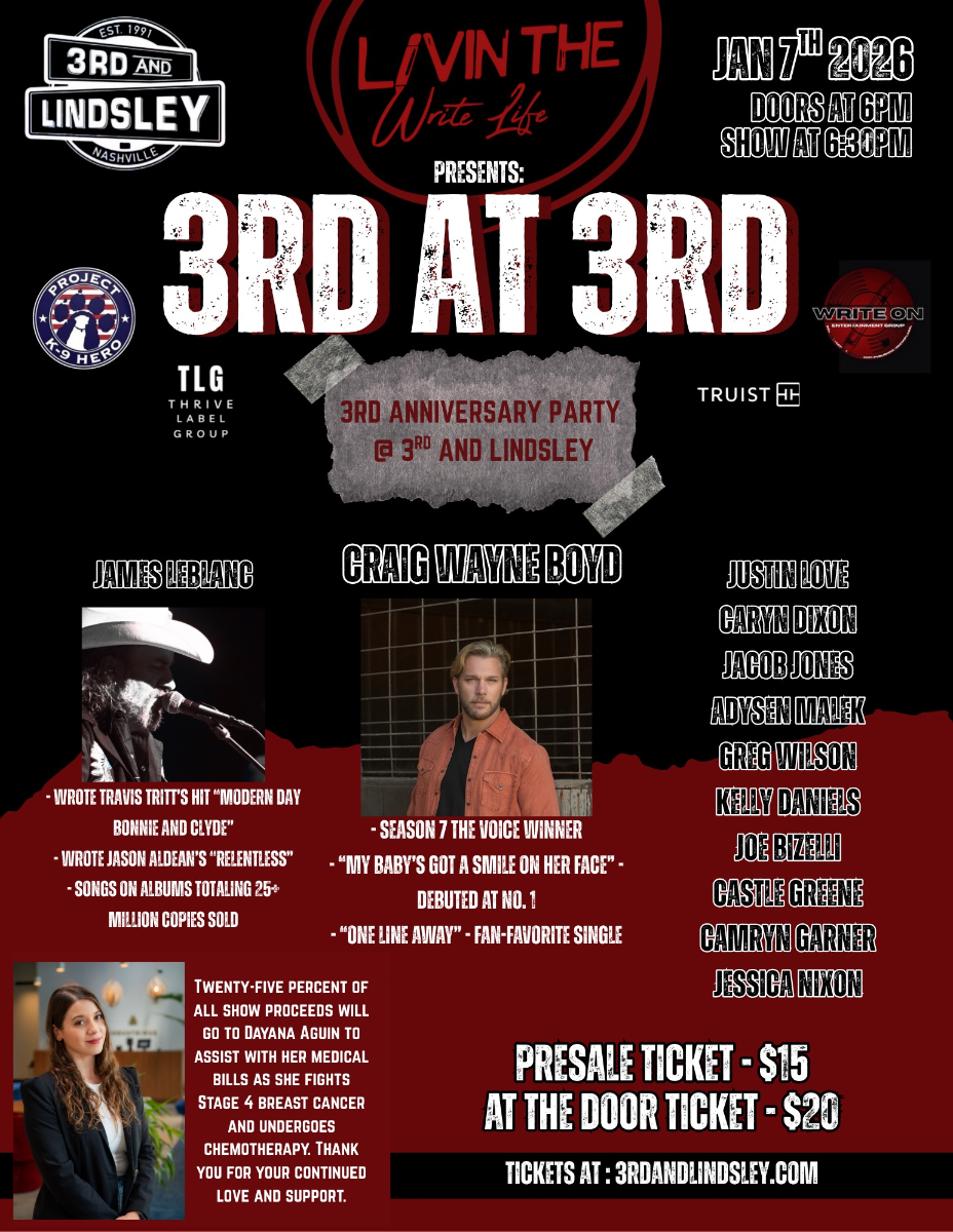 Living The Write Life Presents 3rd at 3rd featuring Craig Wayne Boyd & friends; Greg Wilson , Justin Love . Collins Horton , Adysen Malek , Mi...