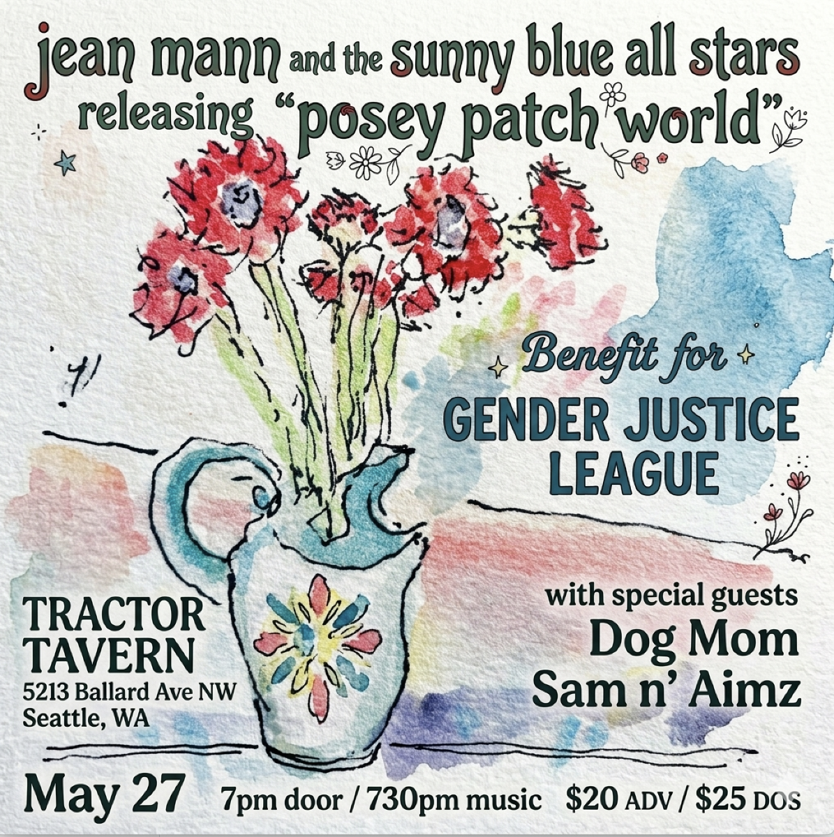 Jean Mann Single Release Show w/ Sam n' Aimz, Dog Mom - Benifitting Gender Justice League *partially seated*